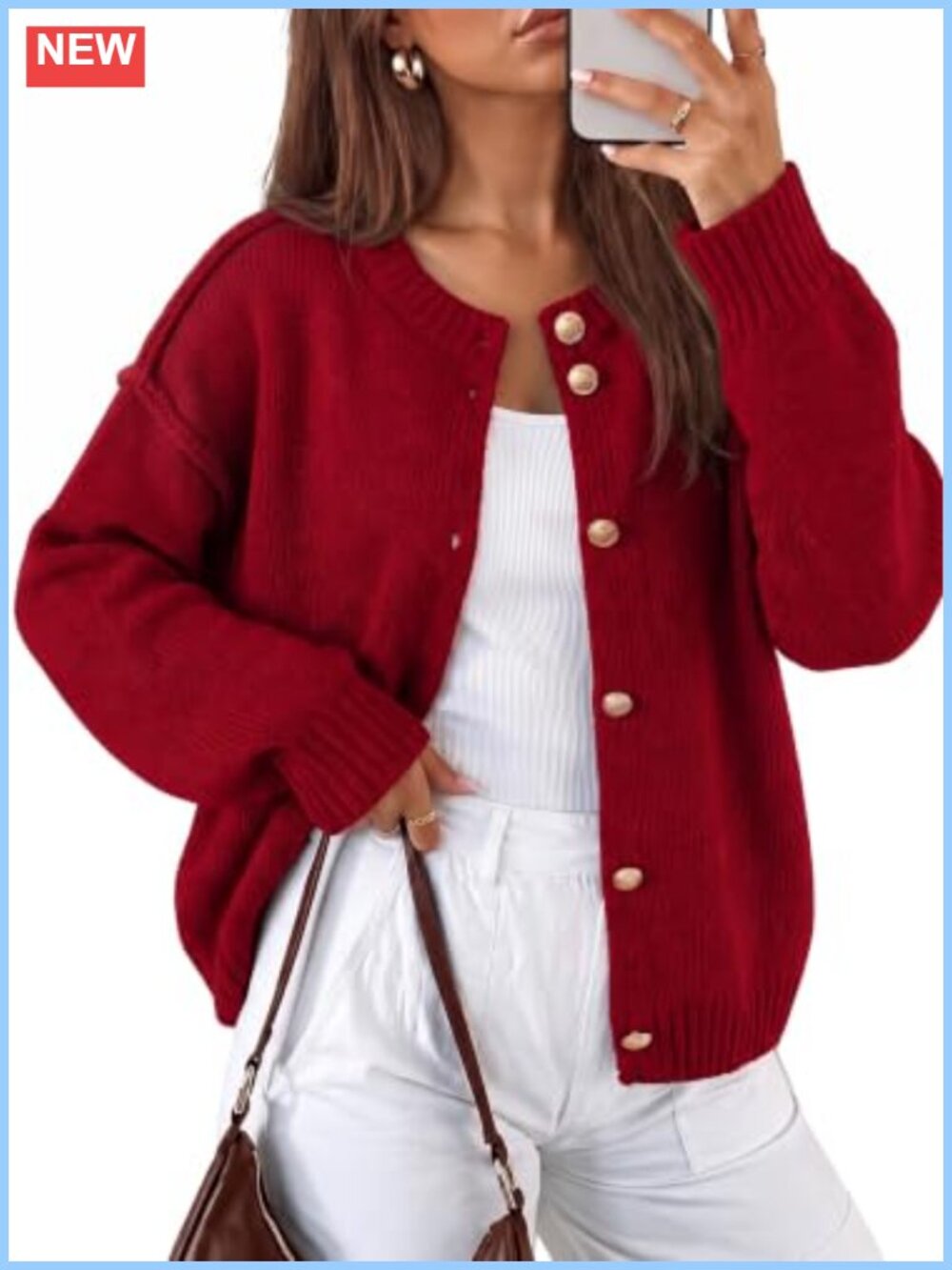 Womens Chunky Knit Button Up Cardigan Oversized Boyfriend Sweater